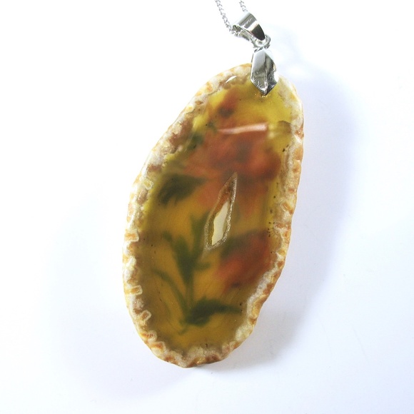 Agate Necklace, Hand-Painted Pendant, Floral - Picture 5 of 6